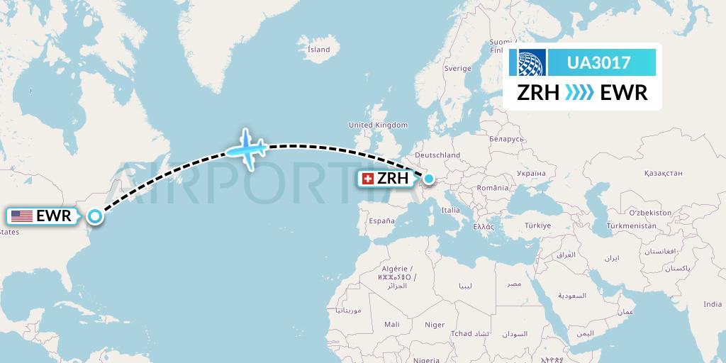 UA3017 United Airlines Flight Map: Zurich to New York