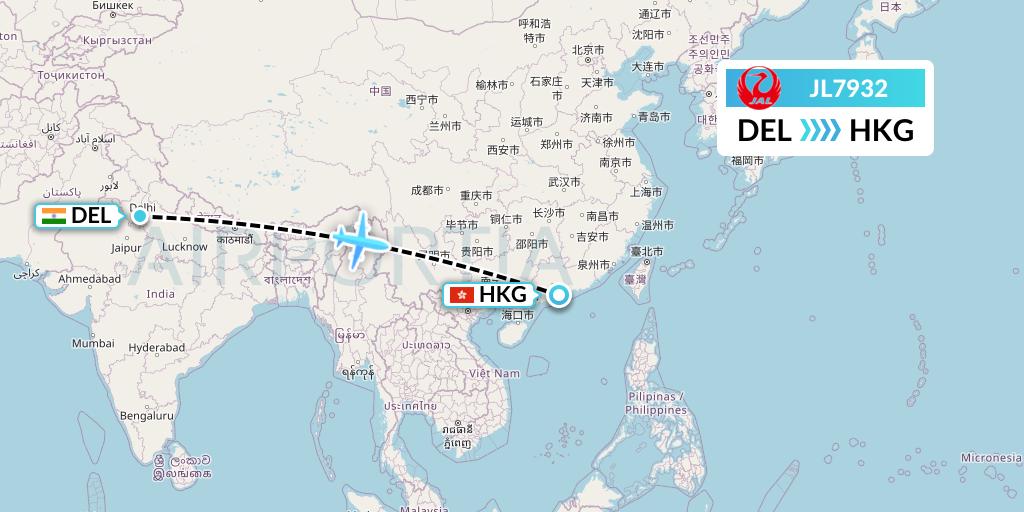 JL7932 Japan Airlines Flight Map: Delhi to Hong Kong