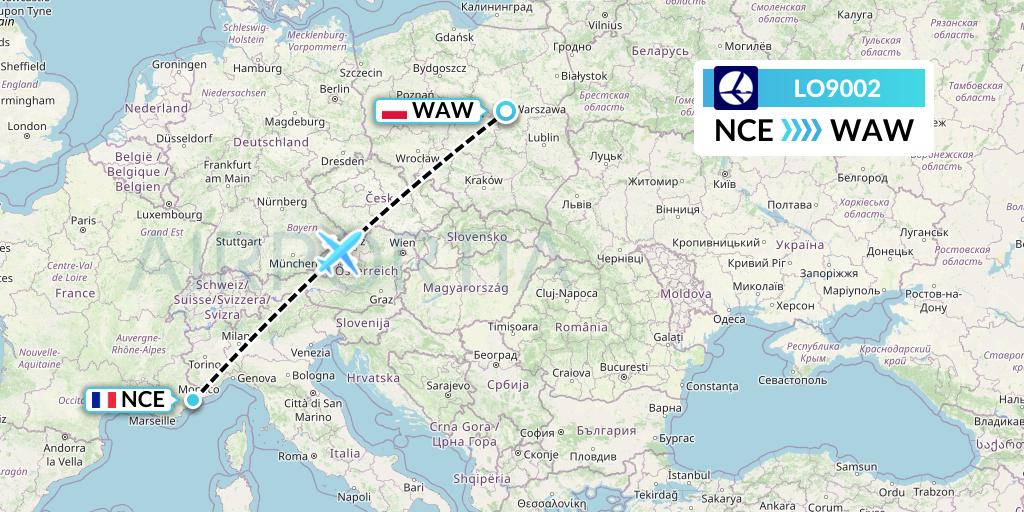 LO9002 LOT Flight Map: Nice to Warsaw