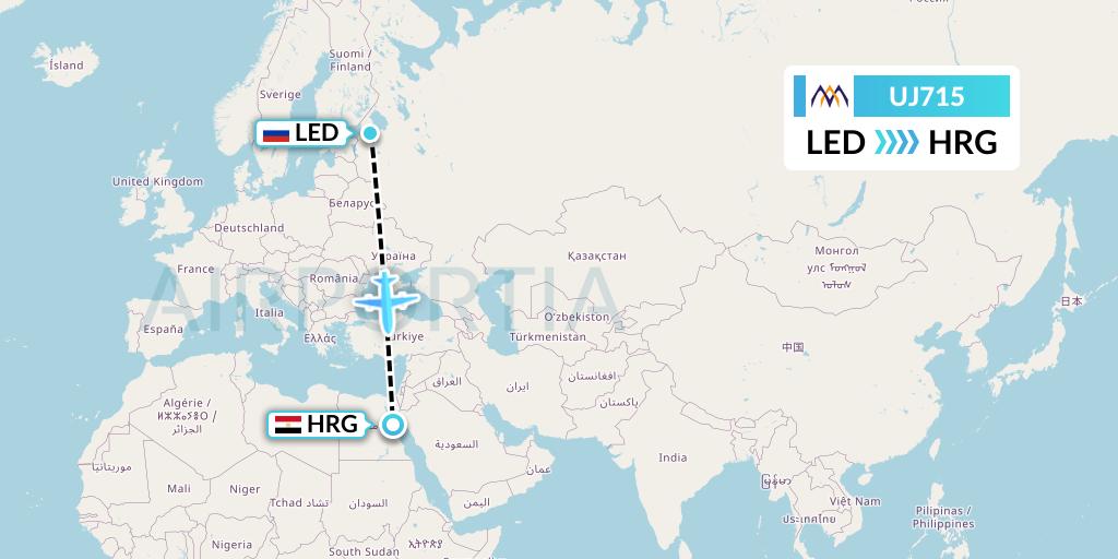 UJ715 AlMasria Universal Airlines Flight Map: St. Petersburg to Hurghada
