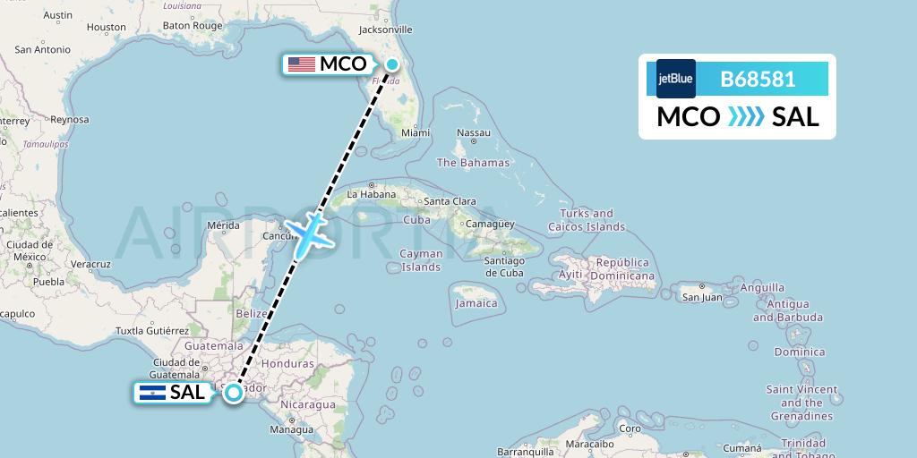 B68581 JetBlue Airways Flight Map: Orlando to San Salvador