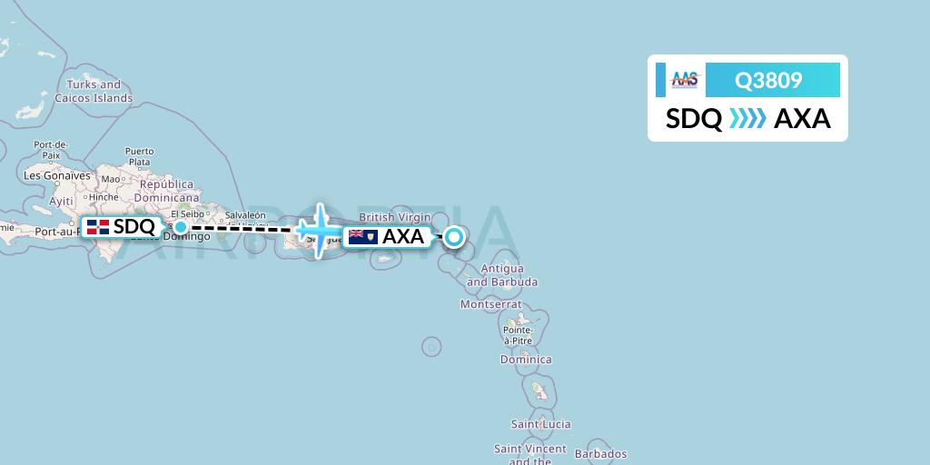 Q3809 Anguilla Air Services Flight Map: Santo Domingo to The Valley