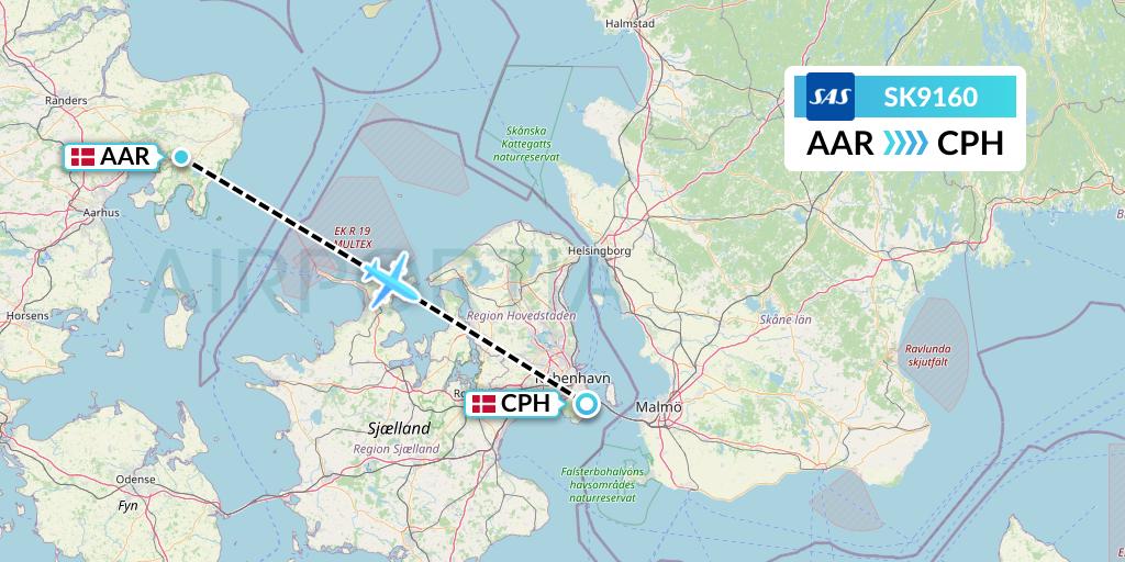 SK9160 SAS Flight Map: Aarhus to Copenhagen