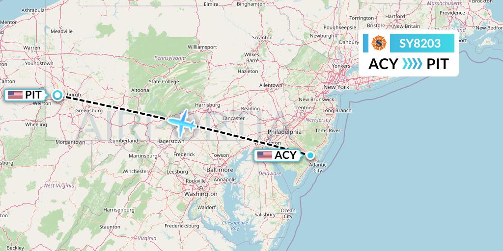 SY8203 Sun Country Airlines Flight Map: Atlantic City to Pittsburgh