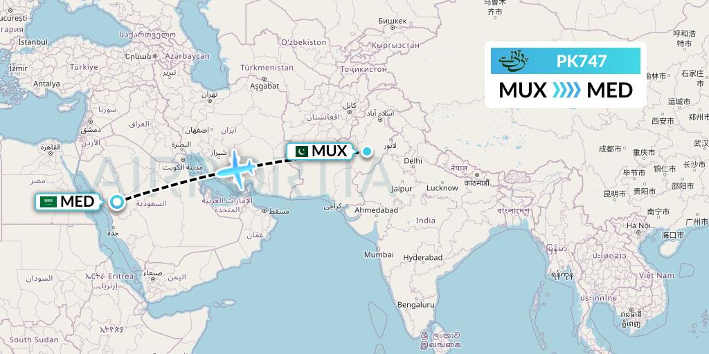 PK747 Pakistan International Airlines Flight Map: Multan to Medina