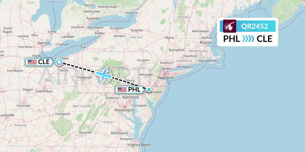 QR2452 Qatar Airways Flight Map: Philadelphia to Cleveland