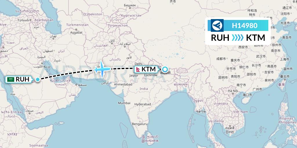 H14980 Hahn Air Systems Flight Map: Riyadh to Kathmandu