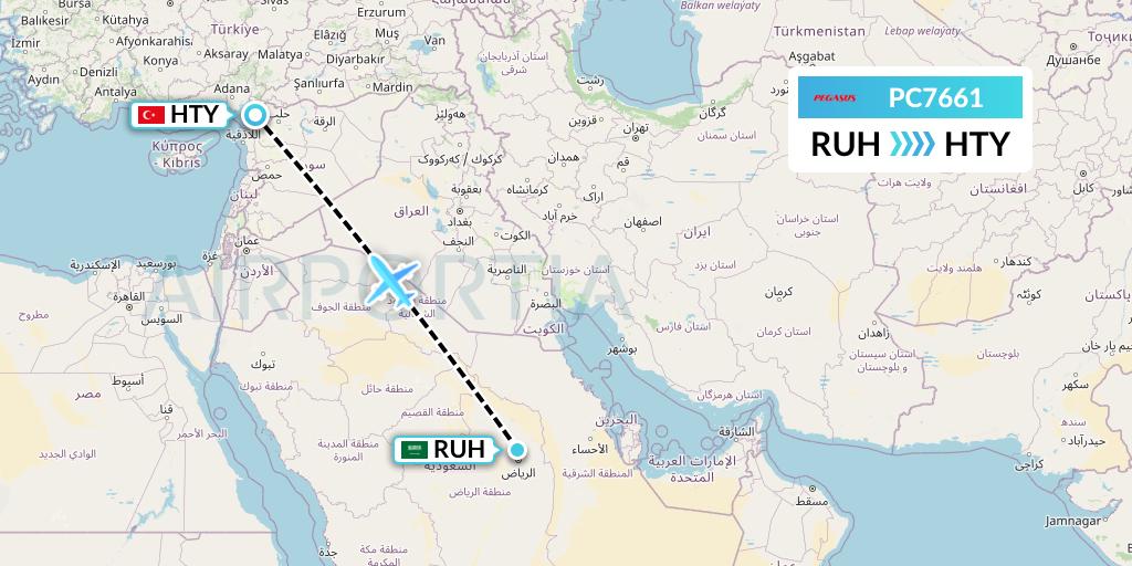 PC7661 Pegasus Airlines Flight Map: Riyadh to Antakya