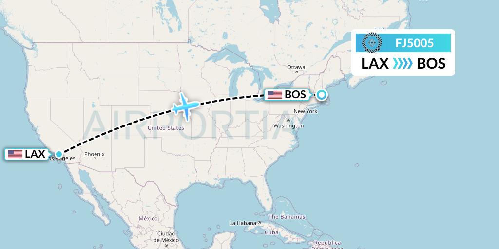 FJ5005 Fiji Airways Flight Map: Los Angeles to Boston