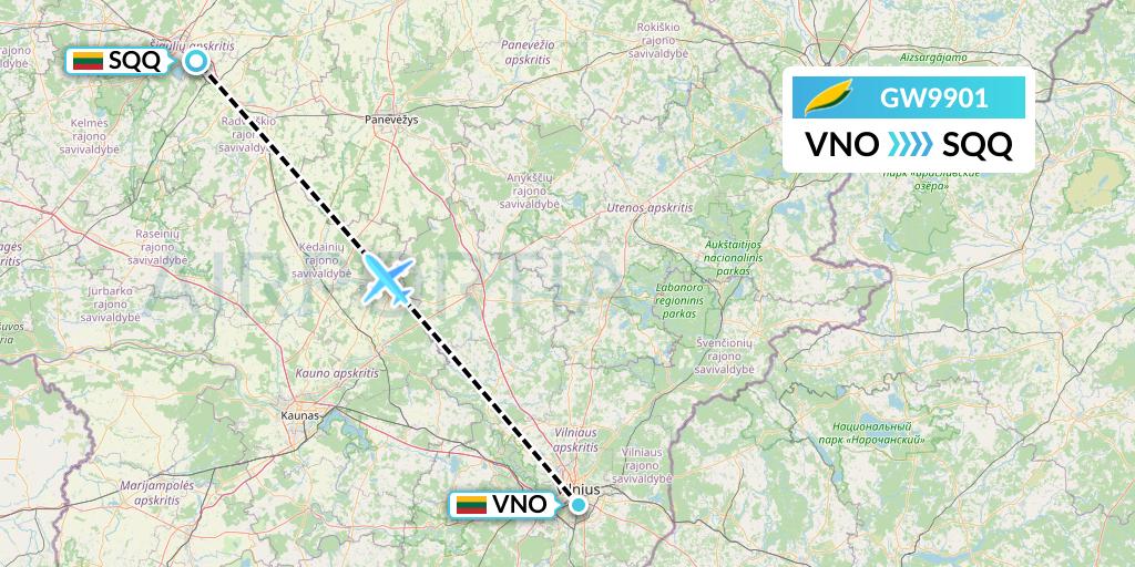 GW9901 GetJet Airlines Flight Map: Vilnius to Siauliai
