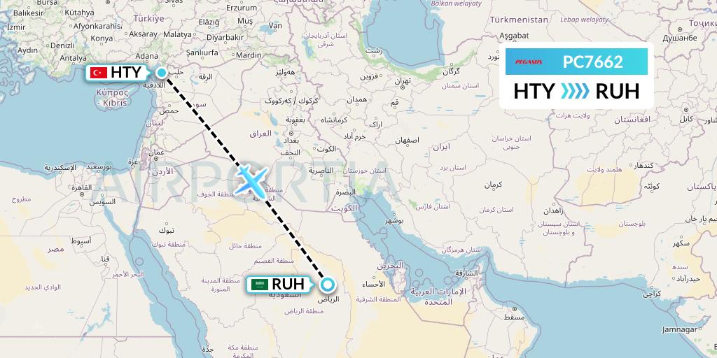 PC7662 Pegasus Airlines Flight Map: Antakya to Riyadh