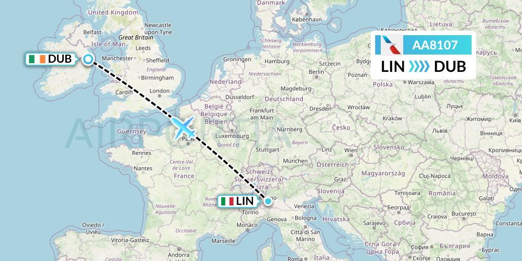 AA8107 American Airlines Flight Map: Milan to Dublin