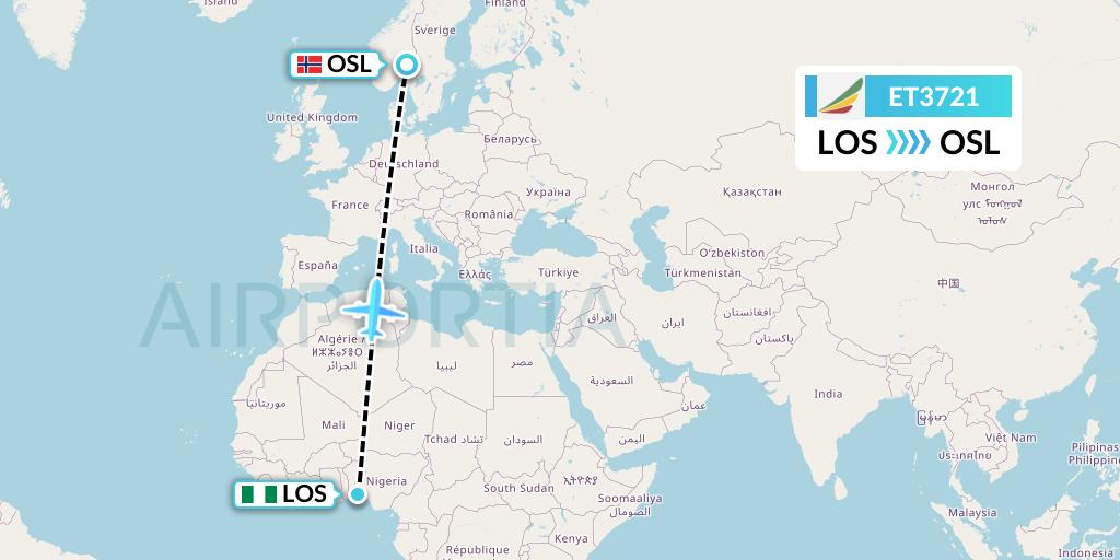ET3721 Ethiopian Airlines Flight Map: Lagos to Oslo