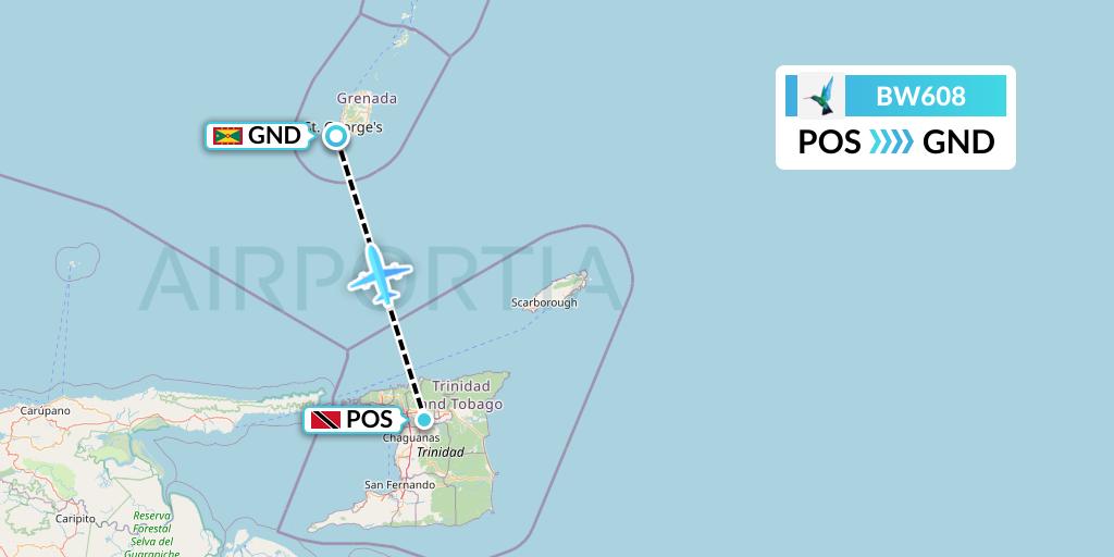 BW608 Caribbean Airlines Flight Map: Port of Spain to Point Salines