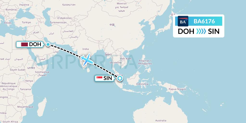 BA6176 British Airways Flight Map: Doha to Singapore