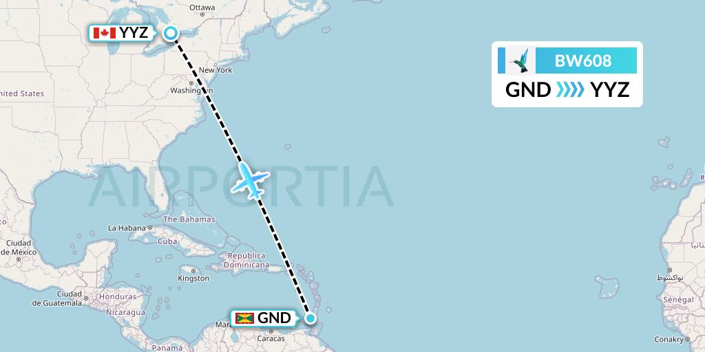 BW608 Caribbean Airlines Flight Map: Point Salines to Toronto