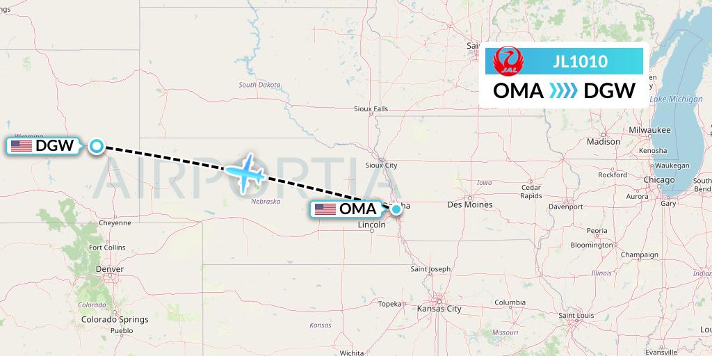 JL1010 Japan Airlines Flight Map: Omaha to Douglas
