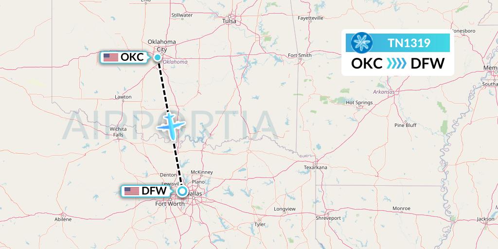 TN1319 Air Tahiti Nui Flight Map: Oklahoma City to Dallas