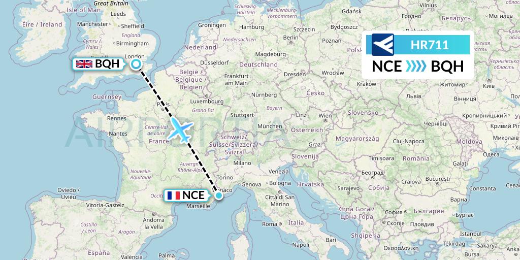 HR711 Hahn Air Flight Map: Nice to London