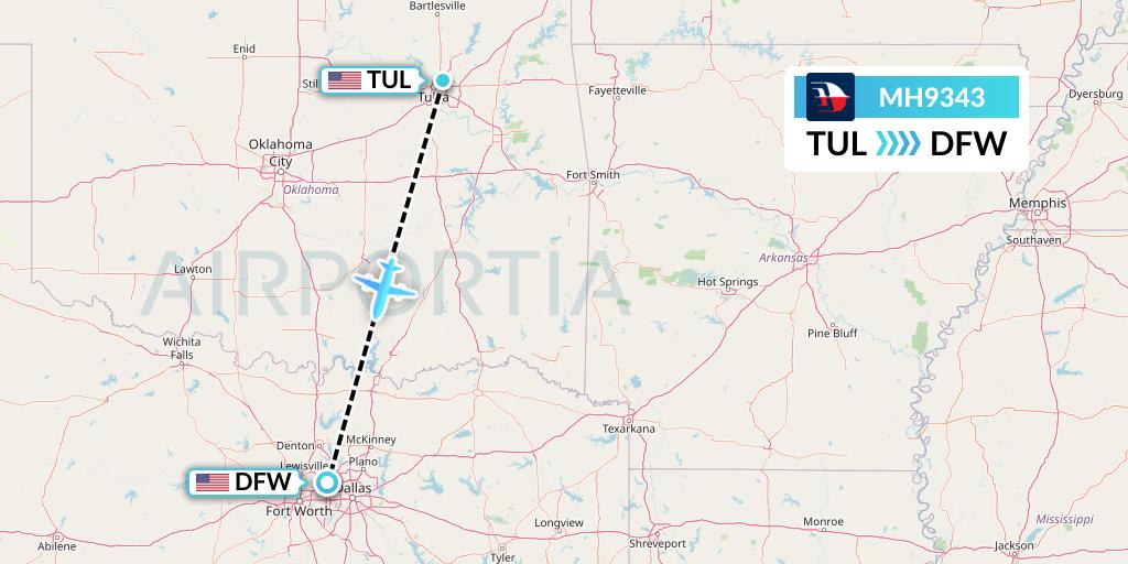 MH9343 Malaysia Airlines Flight Map: Tulsa to Dallas