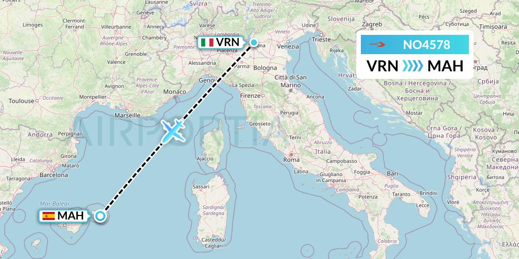 NO4578 Neos Flight Map: Verona to Mahon