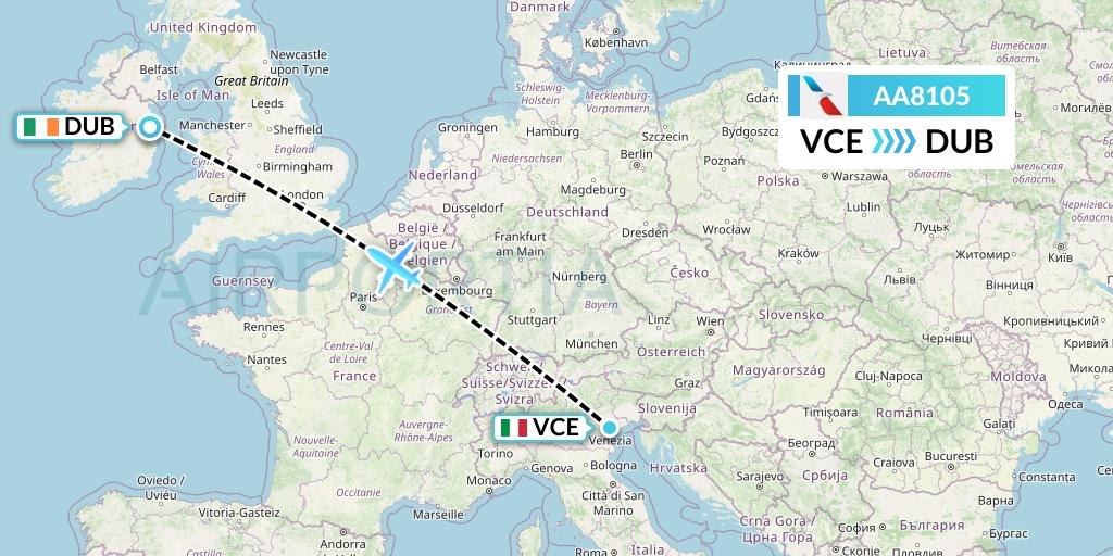 AA8105 American Airlines Flight Map: Venice to Dublin