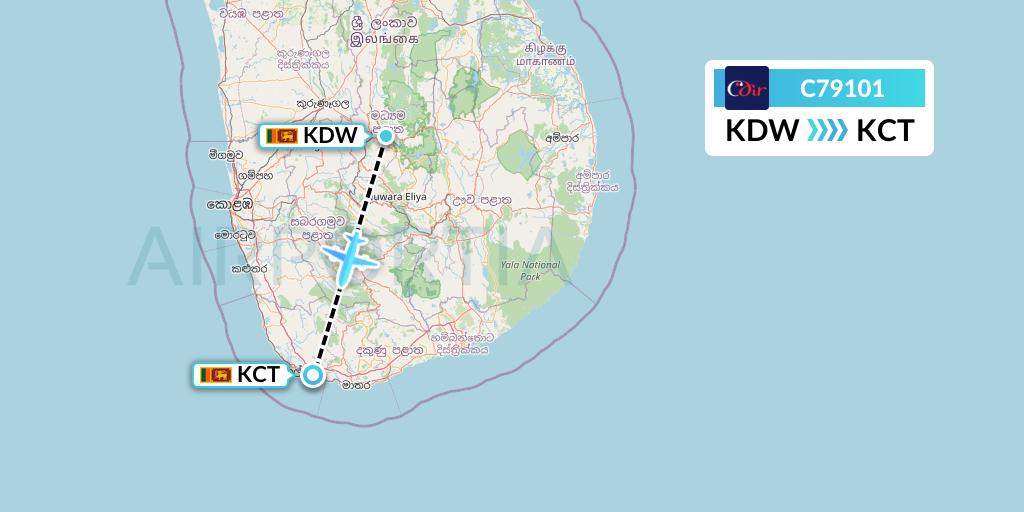 C79101 Cinnamon Air Flight Map: Kandy to Galle