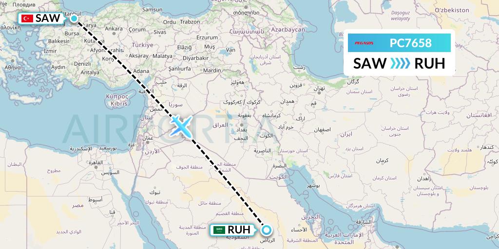 PC7658 Pegasus Airlines Flight Map: Istanbul to Riyadh