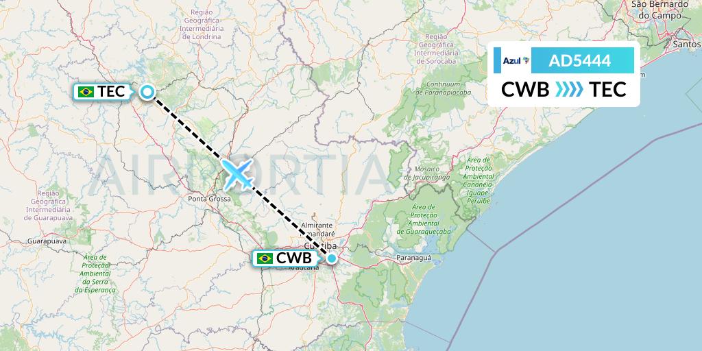 AD5444 Azul Brazilian Airlines Flight Map: Curitiba to Telemaco Borba