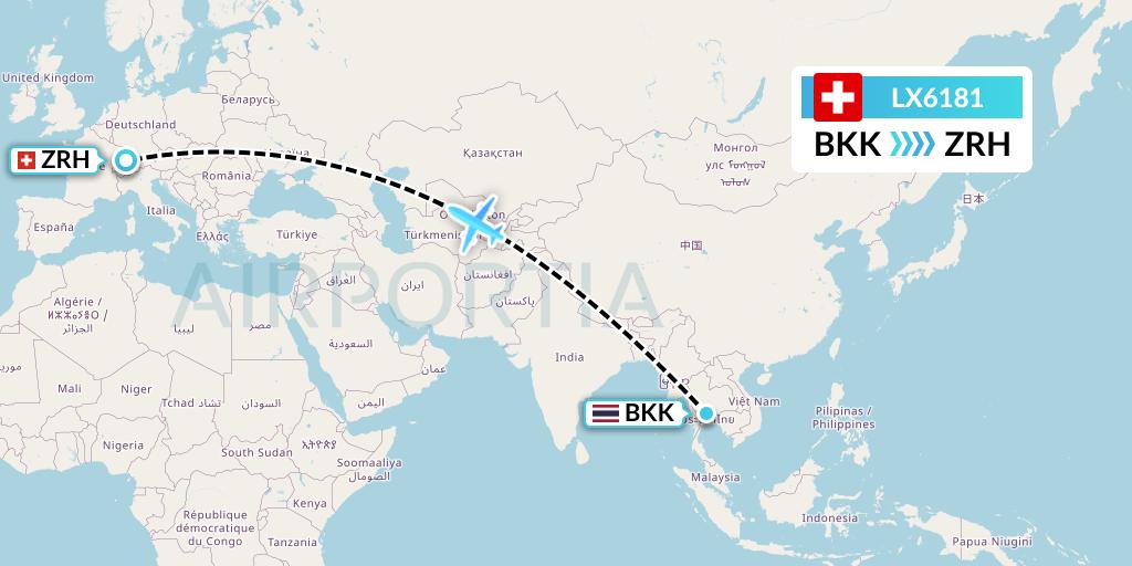 LX6181 Swiss Flight Map: Bangkok to Zurich