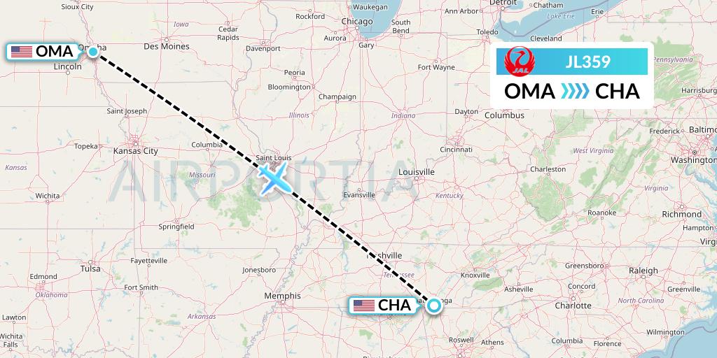 JL359 Japan Airlines Flight Map: Omaha to Chattanooga
