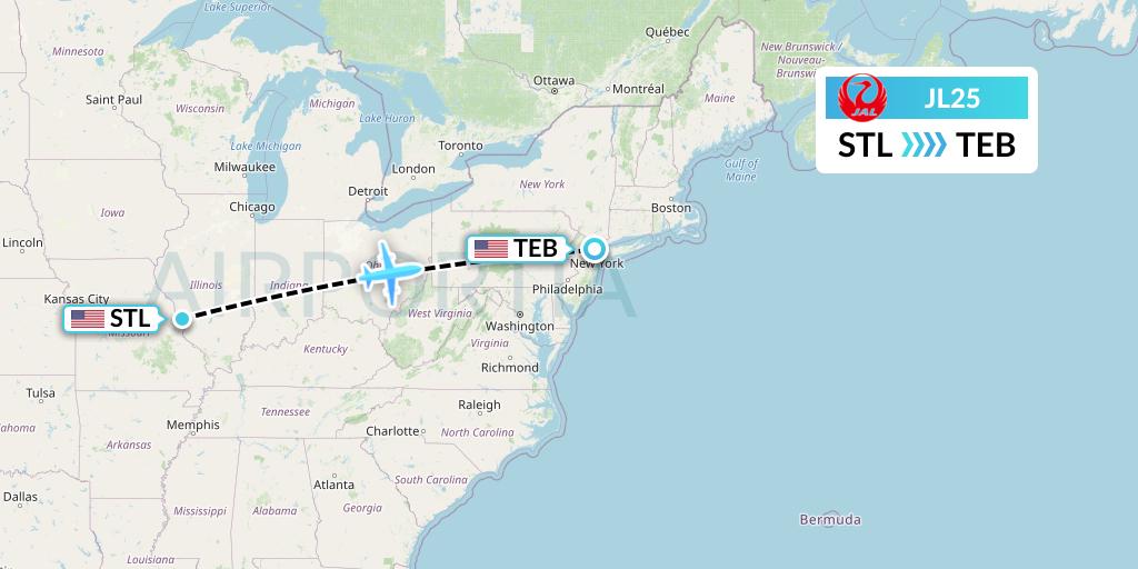 JL25 Japan Airlines Flight Map: St. Louis to Teterboro