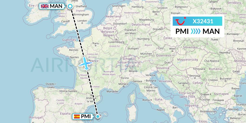 X32431 TUI fly Germany Flight Map: Palma de Mallorca to Manchester