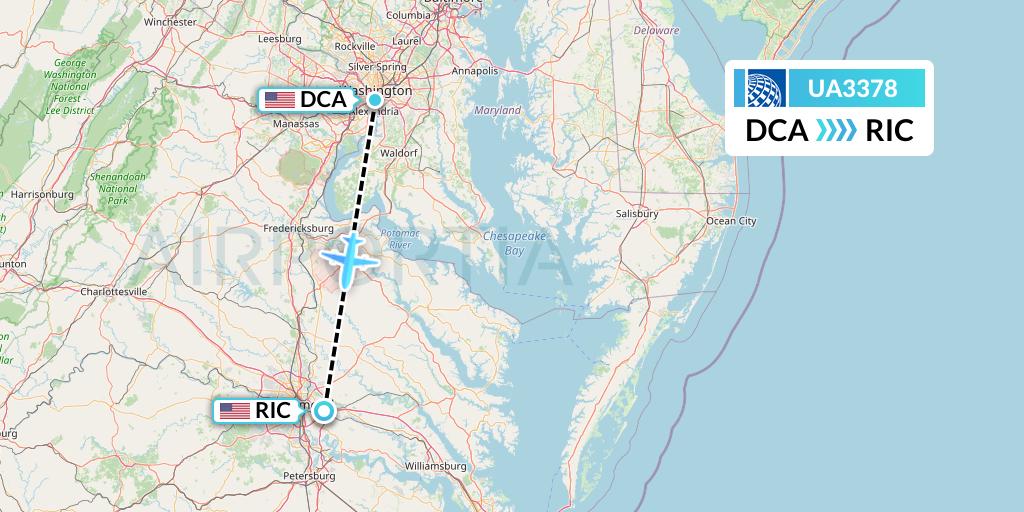 UA3378 United Airlines Flight Map: Washington to Richmond