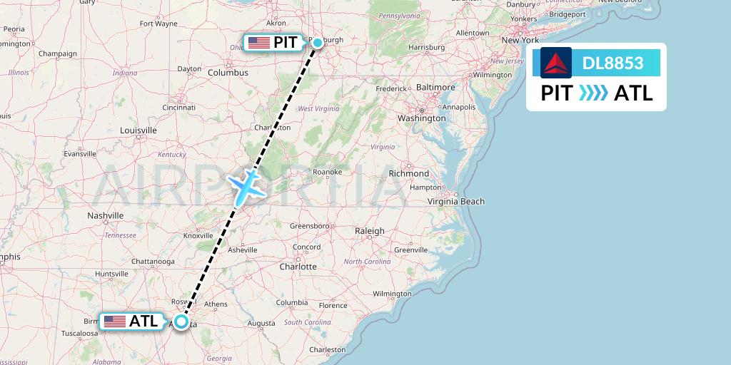 DL8853 Delta Air Lines Flight Map: Pittsburgh to Atlanta