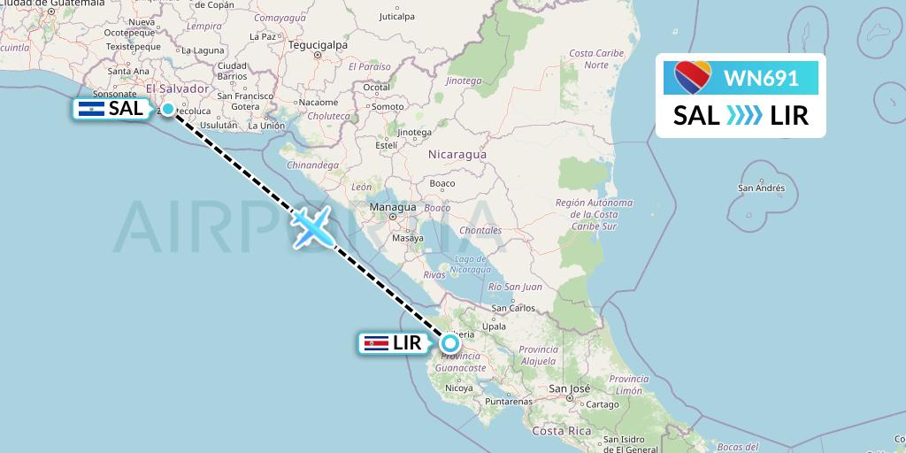 WN691 Southwest Airlines Flight Map: San Salvador to Liberia