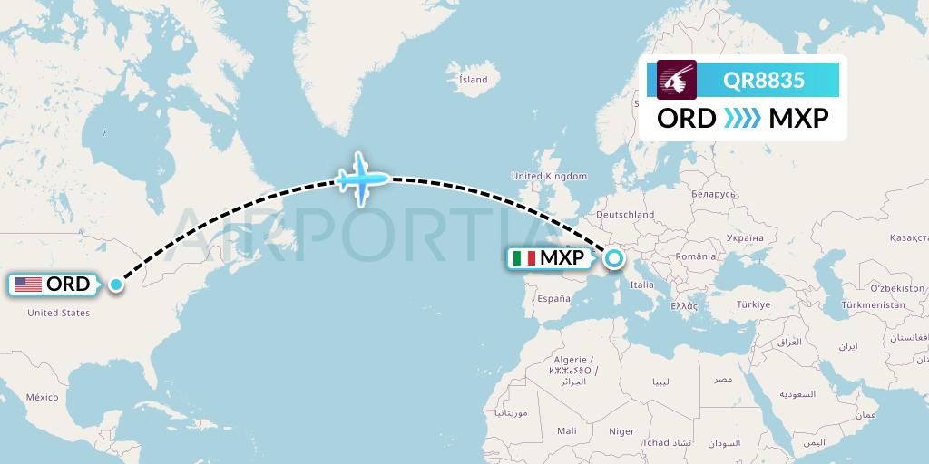 QR8835 Qatar Airways Flight Map: Chicago to Milan