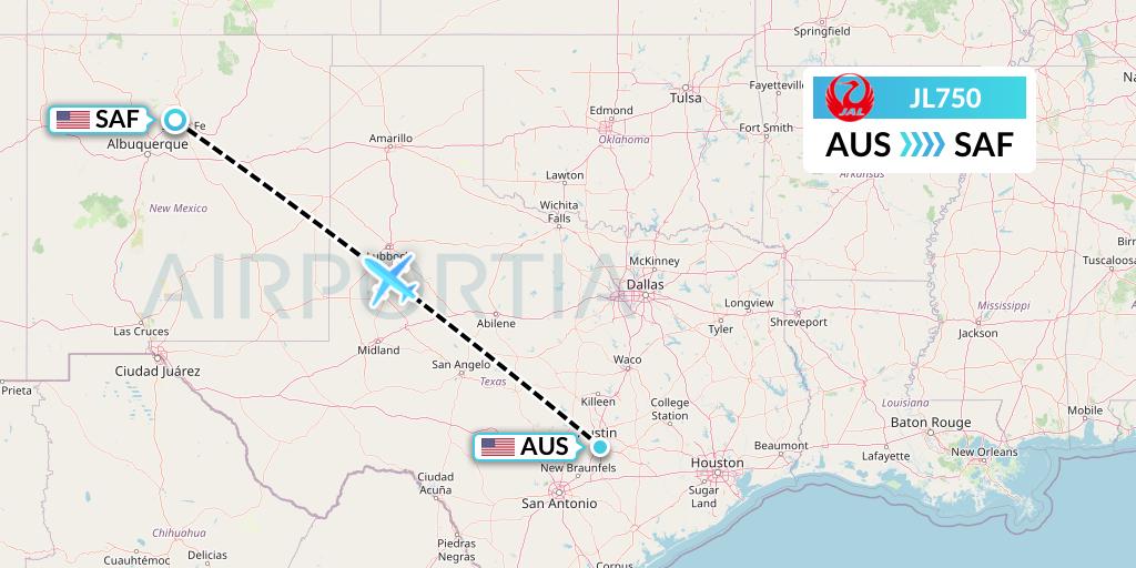 JL750 Japan Airlines Flight Map: Austin to Santa Fe