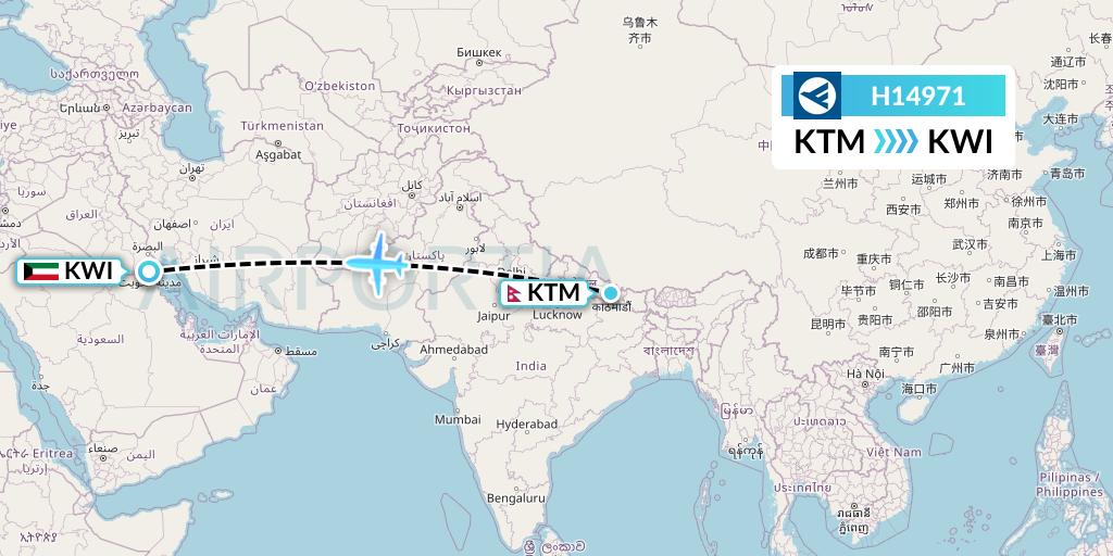 H14971 Hahn Air Systems Flight Map: Kathmandu to Kuwait City