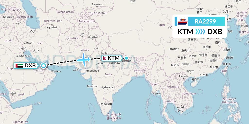 RA2299 Royal Nepal Airlines Flight Map: Kathmandu to Dubai