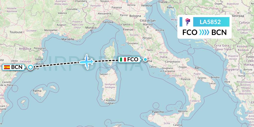 LA5852 LAN Airlines Flight Map: Rome to Barcelona