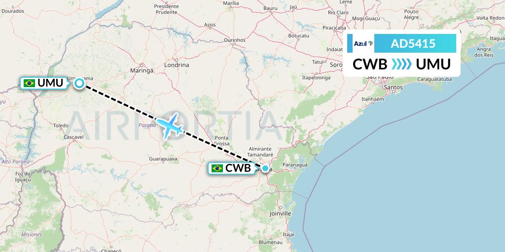 AD5415 Azul Brazilian Airlines Flight Map: Curitiba to Umuarama