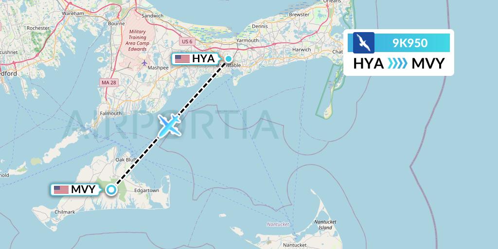 9K950 Cape Air Flight Map: Hyannis to Martha's Vineyard