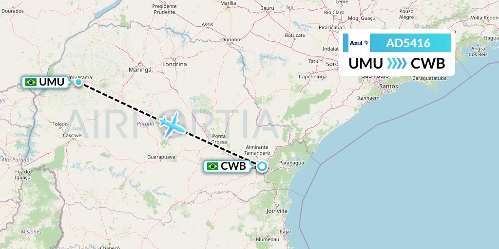 AD5416 Azul Brazilian Airlines Flight Map: Umuarama to Curitiba