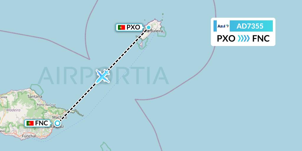AD7355 Azul Brazilian Airlines Flight Map: Porto Santo to Funchal