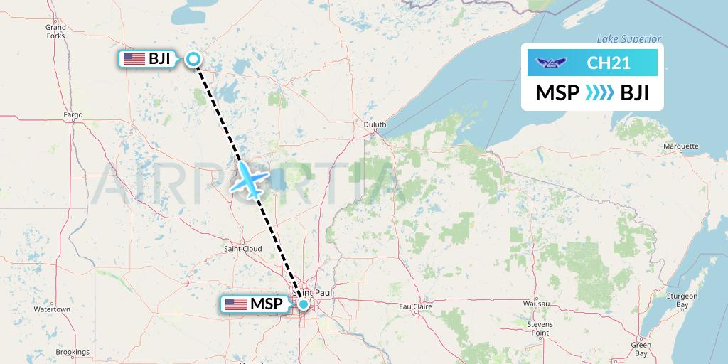 CH21 Bemidji Airlines Flight Map: Minneapolis to Bemidji