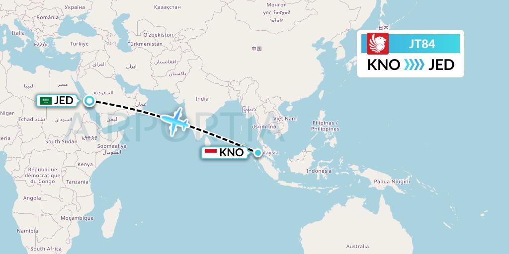 JT84 Lion Airlines Flight Map: Medan to Jeddah
