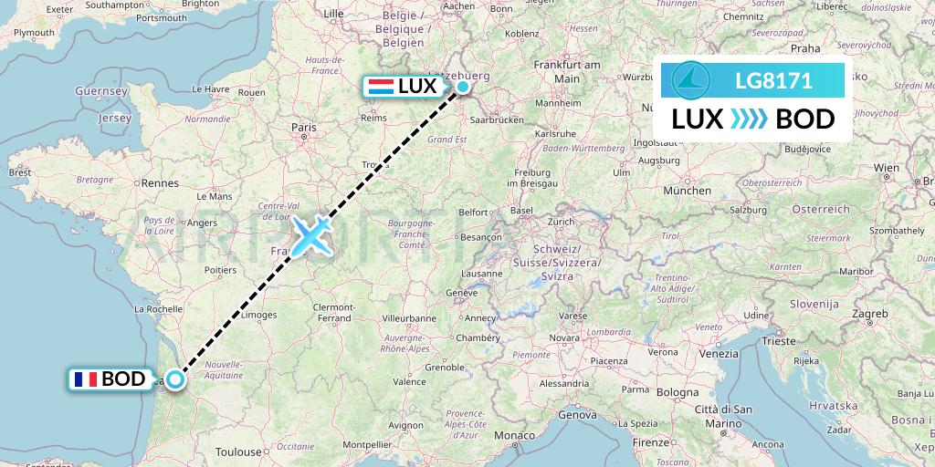 LG8171 Luxair Flight Map: Luxembourg to Bordeaux