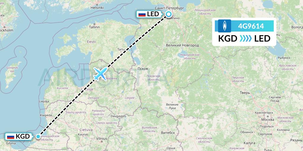 4G9614 Gazpromavia Flight Map: Kaliningrad to St. Petersburg