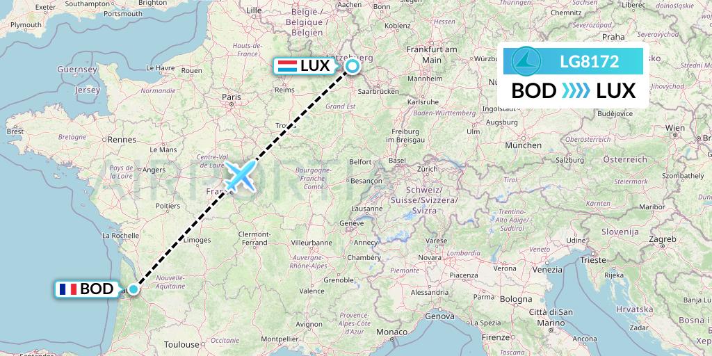 LG8172 Luxair Flight Map: Bordeaux to Luxembourg
